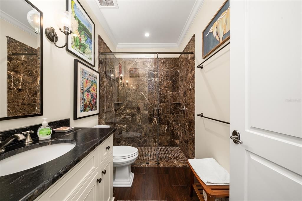 Bathroom, Glass Shower, Interior, Recessed Lighting, Wood Texture Flooring