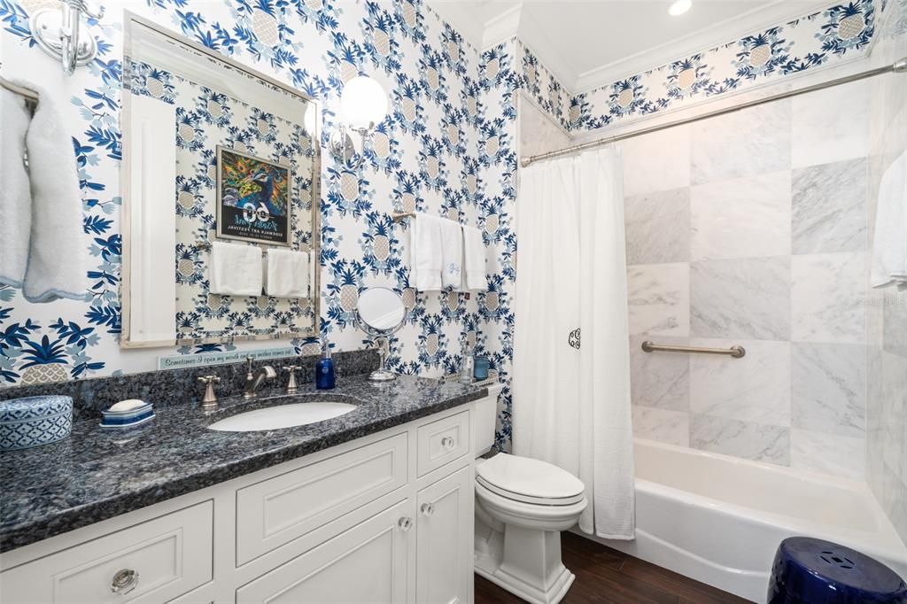 Bathroom, Interior, Marble Walls, Recessed Lighting, Wood Texture Flooring