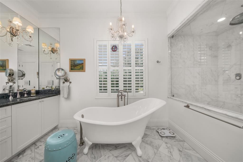 Bathroom, Chandelier, Free Standing Baths, Interior, Marble, Marble Walls, Recessed Lighting