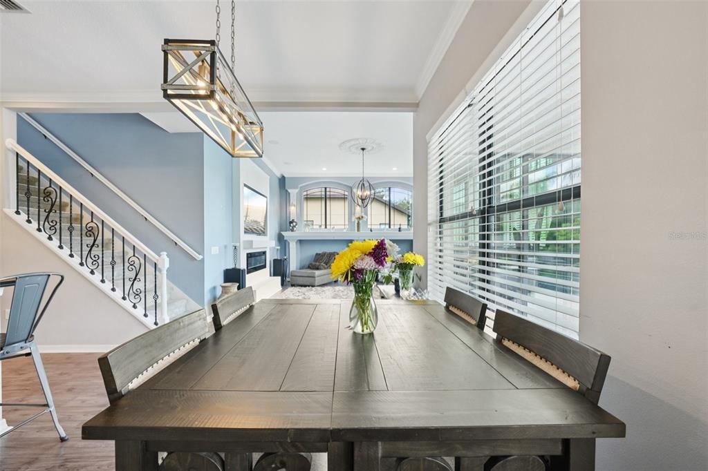 Dining room, Interior, Pendant Lights, Recessed Lighting, Wood Texture Flooring