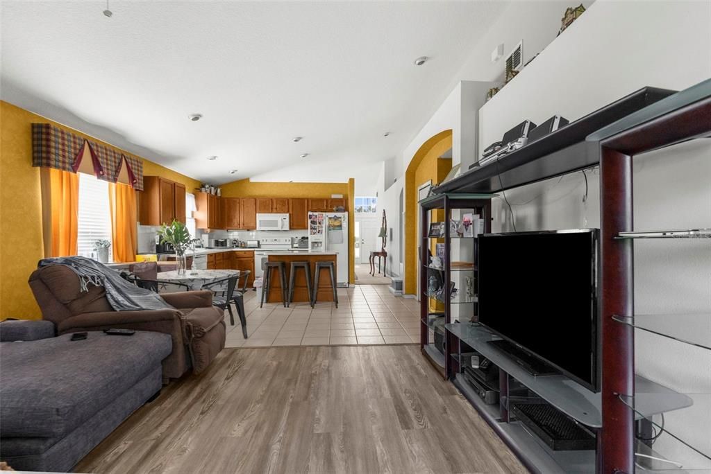 Dining room, Interior, Kitchen, Living room, Recessed Lighting, Wood Texture Flooring