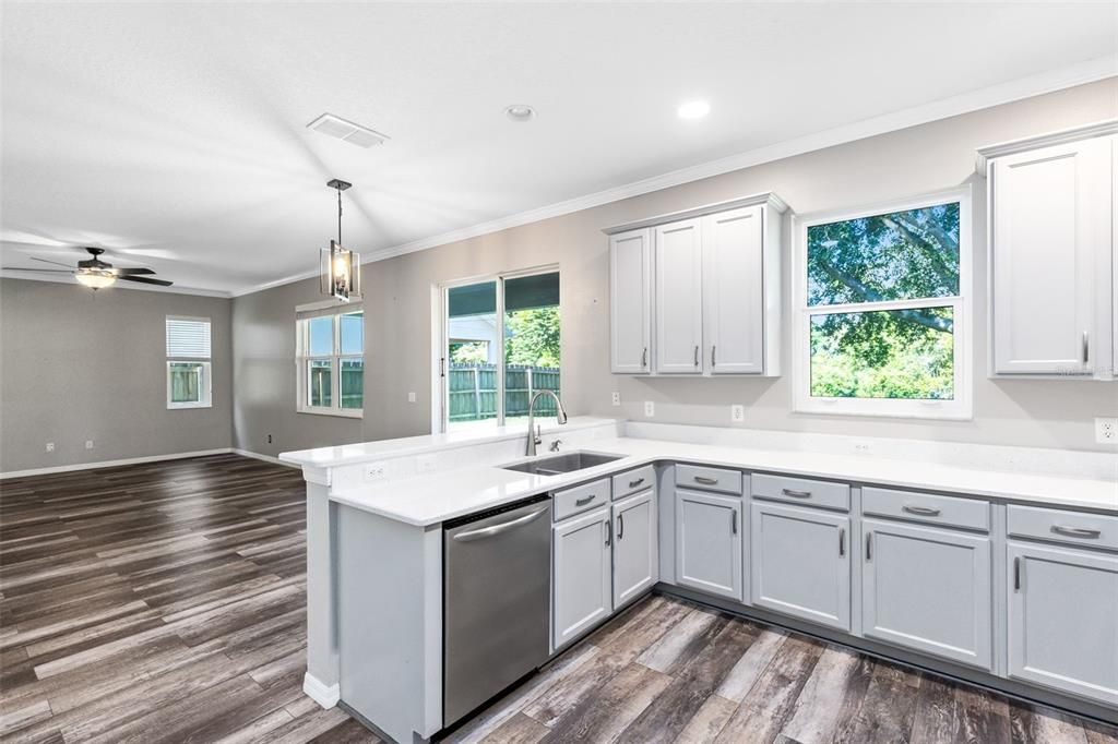 Interior, Kitchen, Pendant Lights, Recessed Lighting, Wood Texture Flooring
