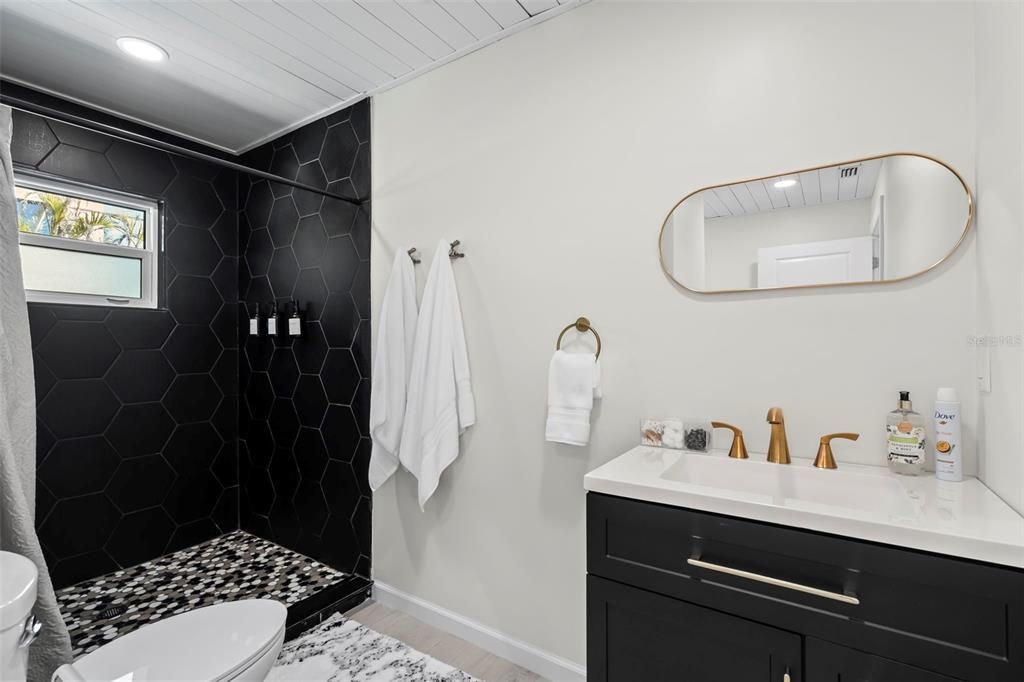 Bathroom, Interior, Recessed Lighting, Wood Texture Flooring