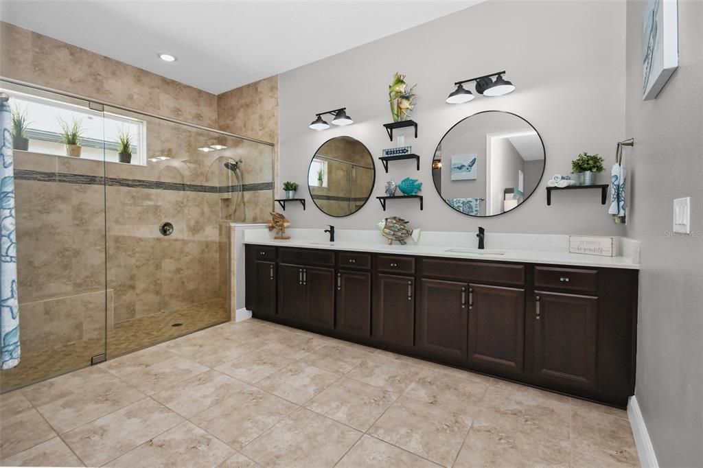 Bathroom, Dual Sink Vanities, Glass Shower, Interior, Recessed Lighting