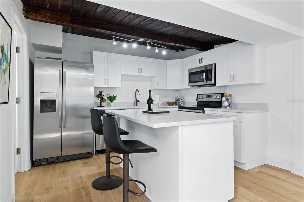 Interior, Kitchen, Stainless Steel Appliances, Wooden Beams, Wooden Ceilings, Wood Texture Flooring