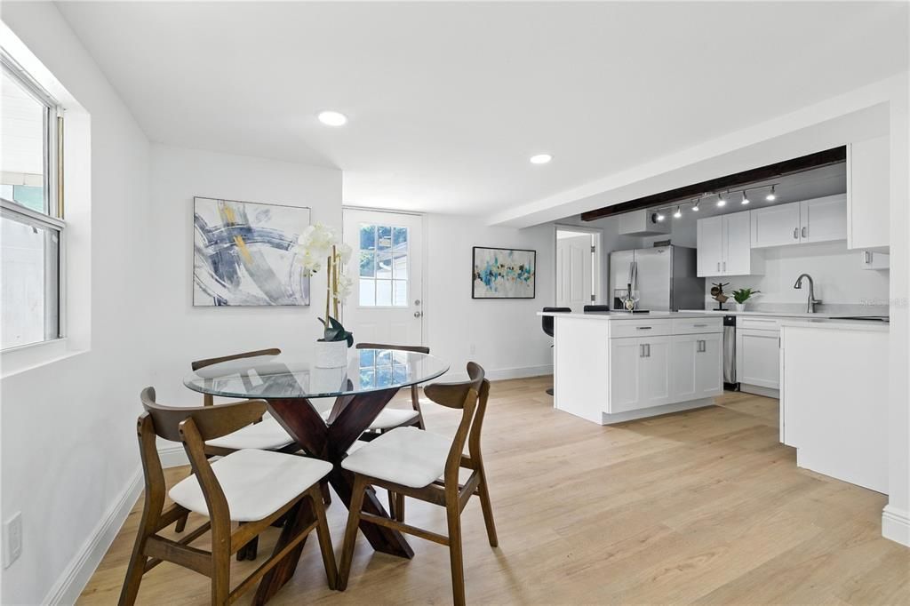 Dining room, Interior, Kitchen, Recessed Lighting, Wood Texture Flooring