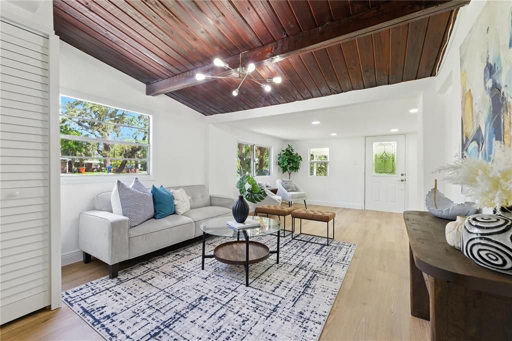 Interior, Living room, Recessed Lighting, Wooden Beams, Wooden Ceilings, Wood Texture Flooring