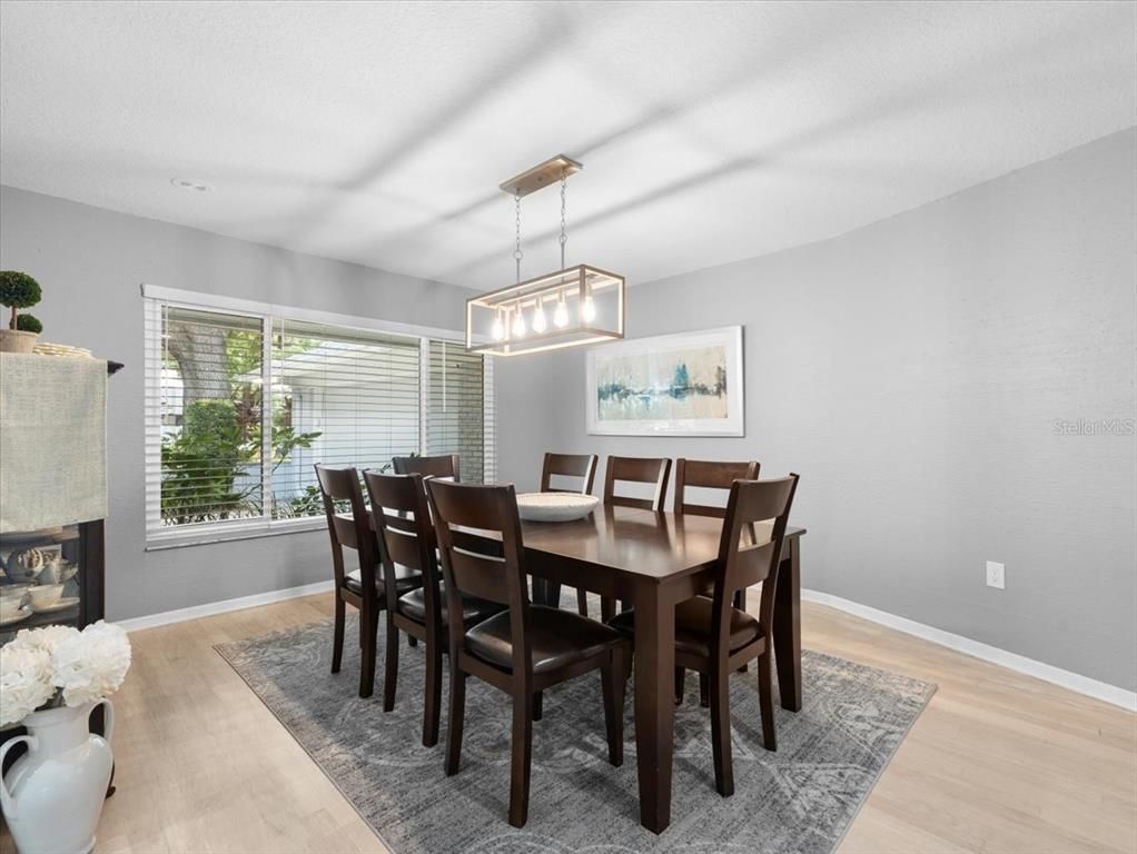 Dining room, Interior, Pendant Lights, Wood Texture Flooring