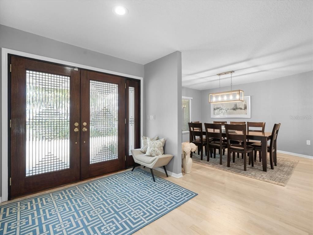 Dining room, Interior, Pendant Lights, Recessed Lighting, Wood Texture Flooring