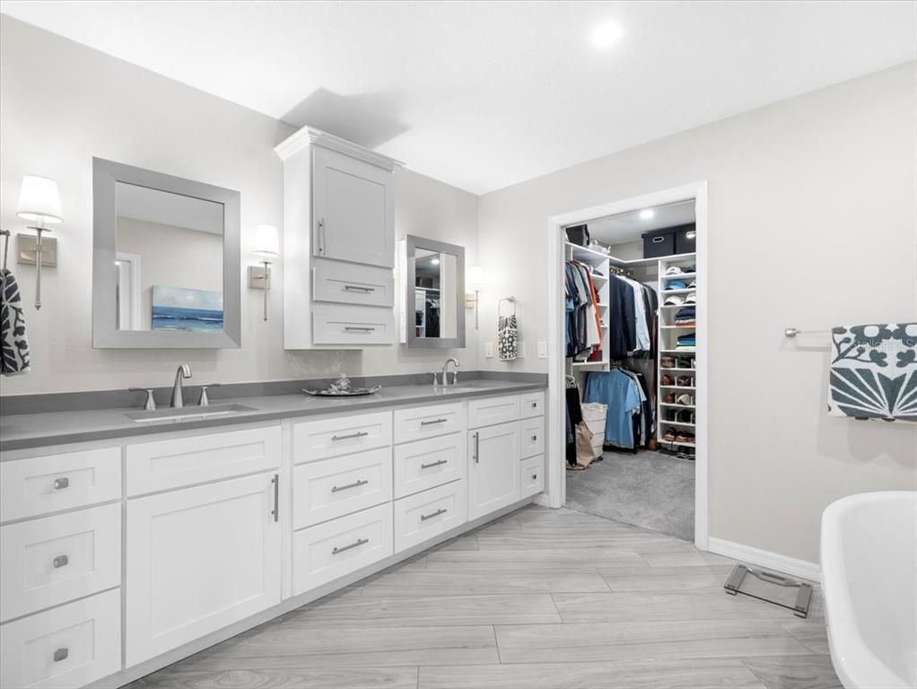 Bathroom, Dual Sink Vanities, Interior, Recessed Lighting, Walk-in Closets, Wood Texture Flooring