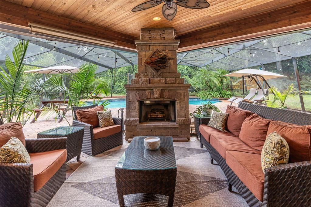 Fireplace, Glass Ceilings, Interior, Living room, Pool, Sun Room, Wooden Ceilings