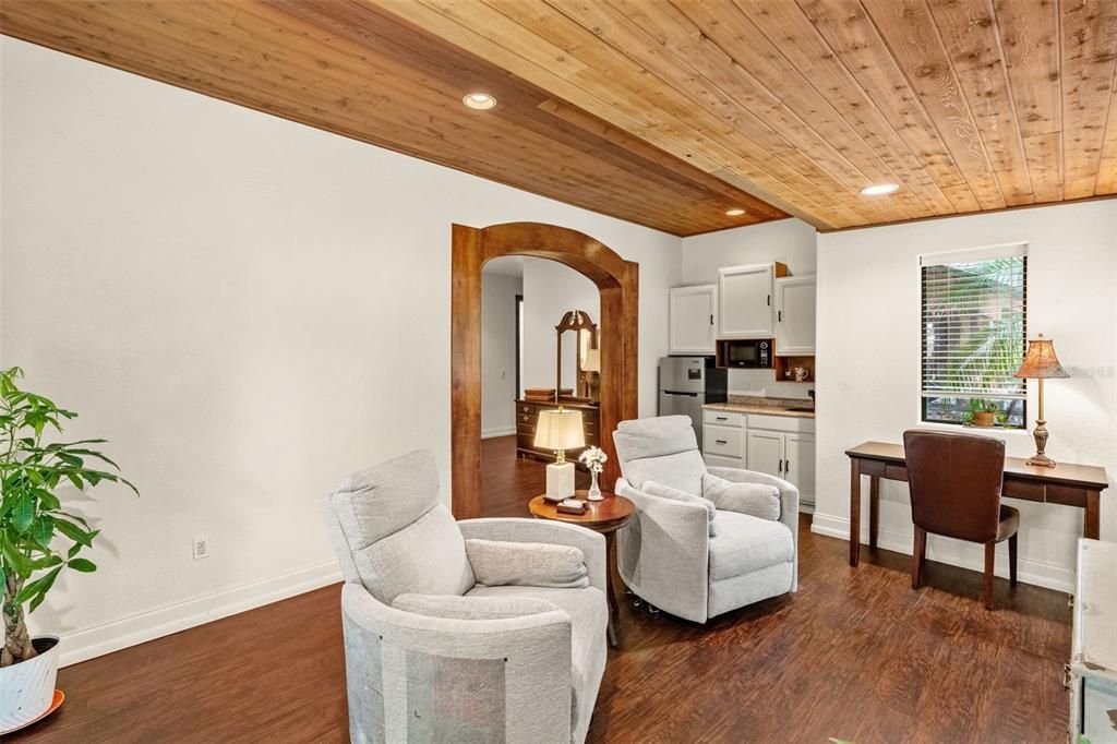 Home Office, Interior, Kitchen, Recessed Lighting, Wooden Ceilings, Wood Texture Flooring