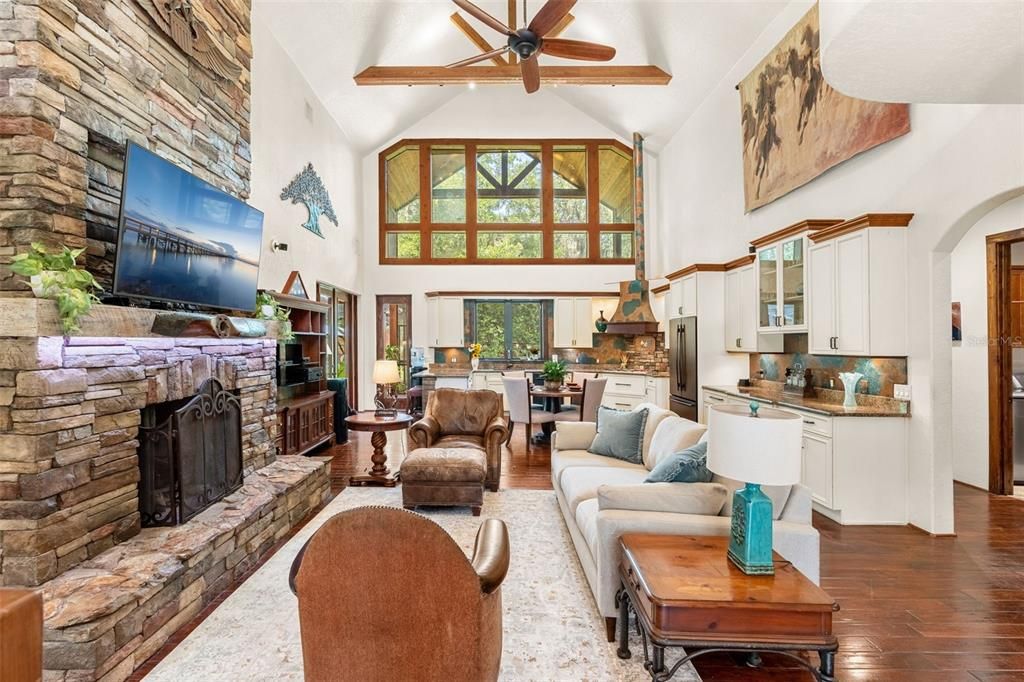 Dining room, Fireplace, Interior, Kitchen, Living room, Stone Walls, Wooden Beams, Wood Texture Flooring