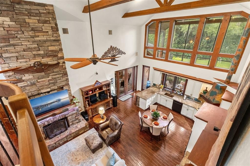 Fireplace, Interior, Living room, Stone Walls, Wooden Beams, Wood Texture Flooring