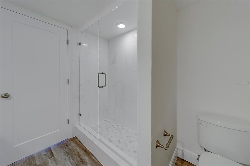 Bathroom, Glass Shower, Interior, Recessed Lighting, Wood Texture Flooring