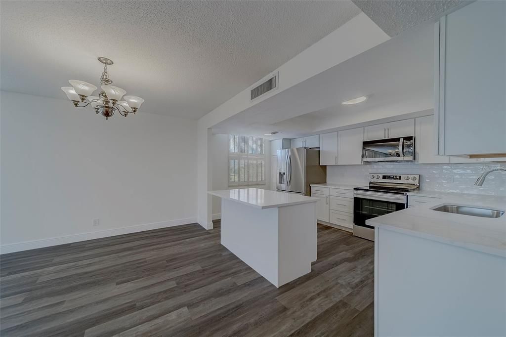 Chandelier, Interior, Kitchen, Stainless Steel Appliances, Wood Texture Flooring