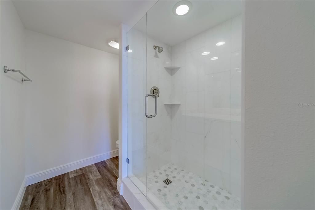 Bathroom, Glass Shower, Interior, Recessed Lighting, Wood Texture Flooring