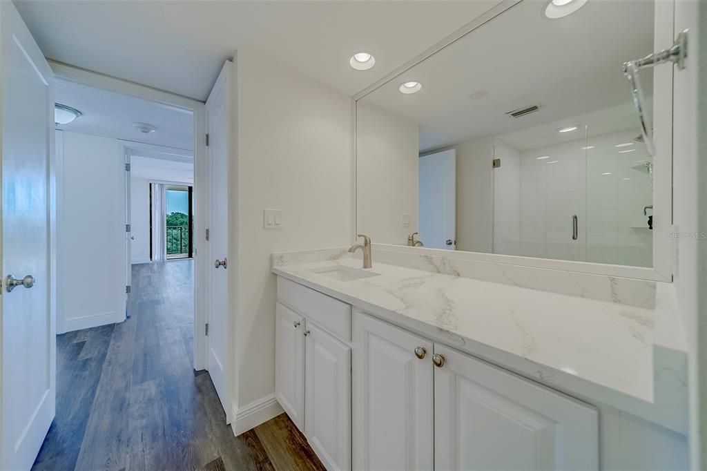 Bathroom, Glass Shower, Interior, Recessed Lighting, Wood Texture Flooring