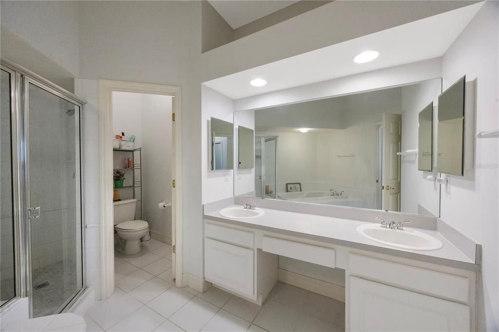 Bathroom, Dual Sink Vanities, Glass Shower, Interior, Recessed Lighting