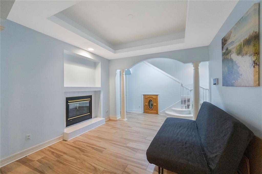 Fireplace, Interior, Recessed Lighting, Wood Texture Flooring