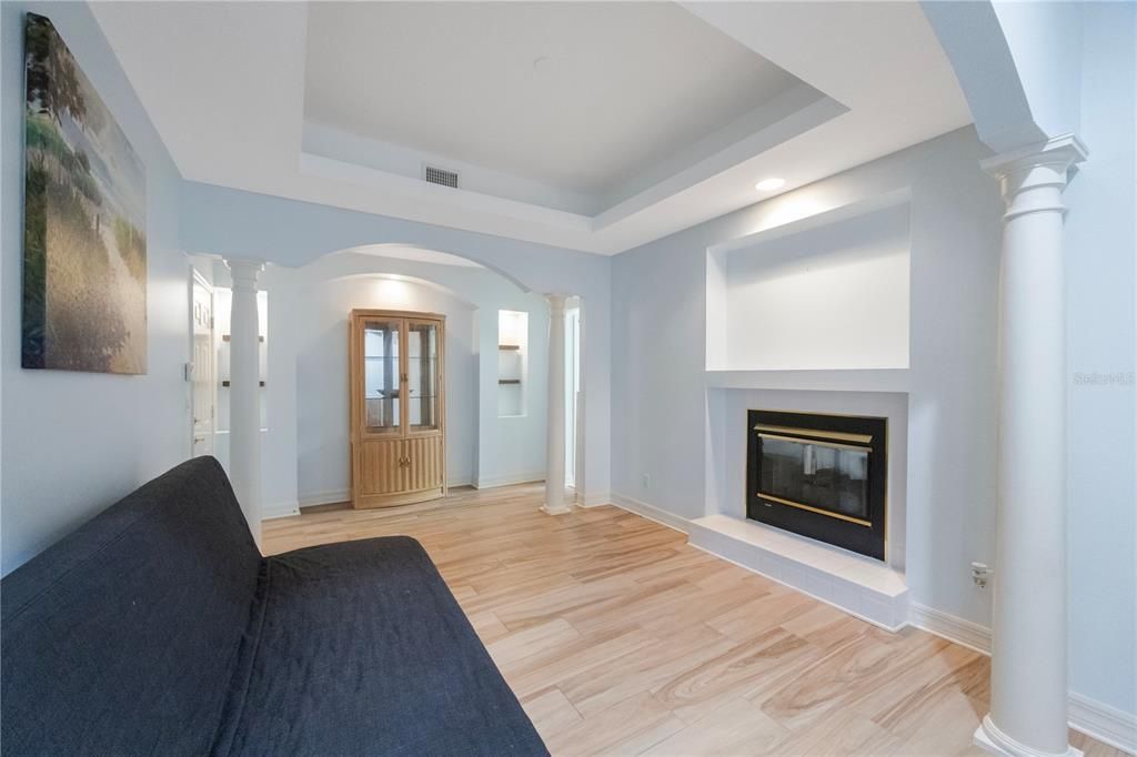 Fireplace, Interior, Recessed Lighting, Wood Texture Flooring