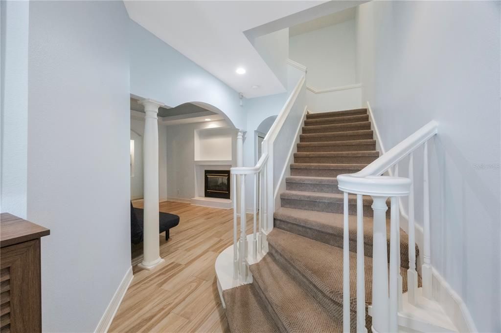 Fireplace, Interior, Recessed Lighting, Wood Texture Flooring