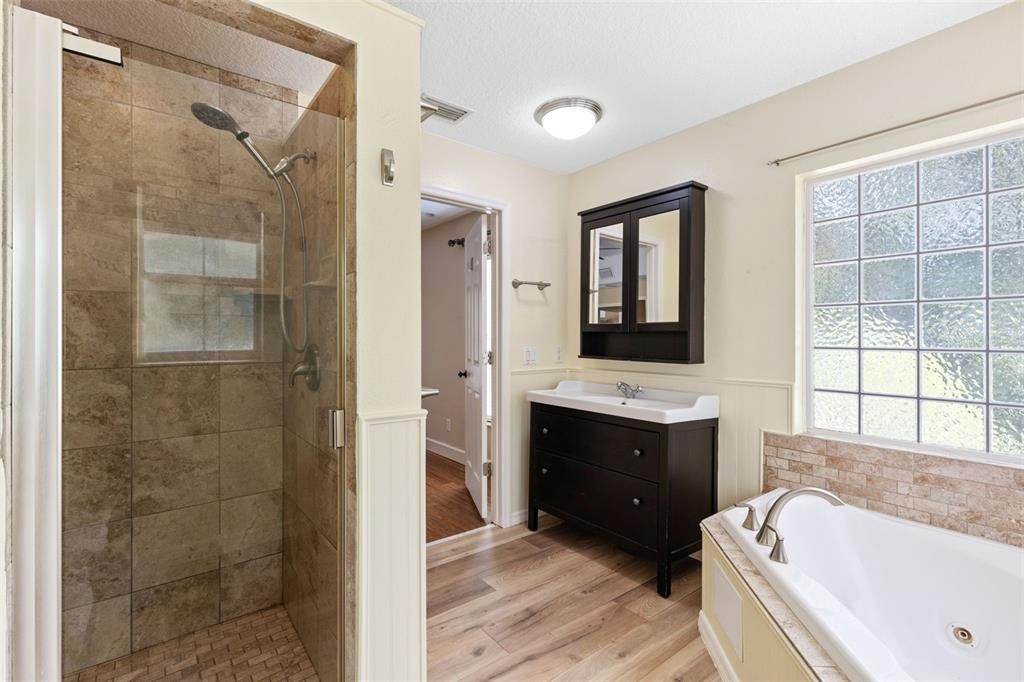 Bathroom, Glass Shower, Interior, Wood Texture Flooring