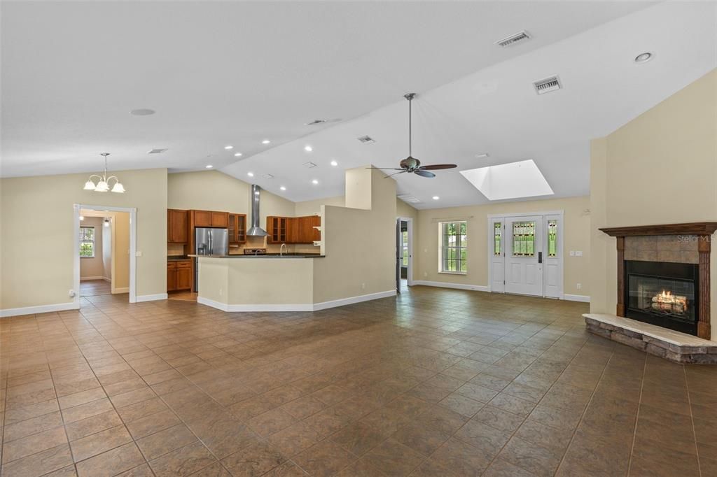 Chandelier, Empty room, Fireplace, Interior, Kitchen, Pendant Lights, Recessed Lighting