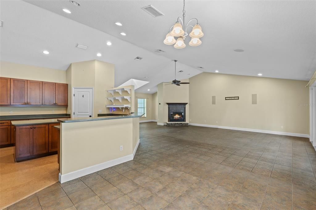 Chandelier, Empty room, Fireplace, Interior, Kitchen, Recessed Lighting