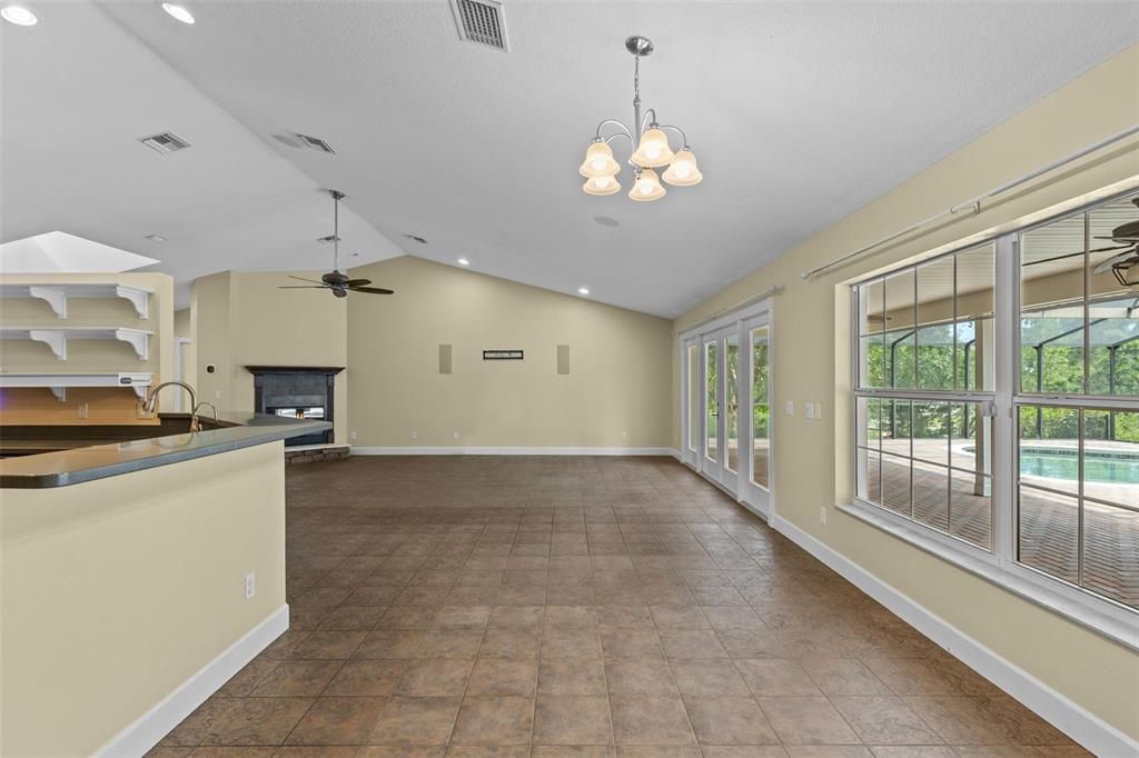 Chandelier, Empty room, Fireplace, Interior, Recessed Lighting