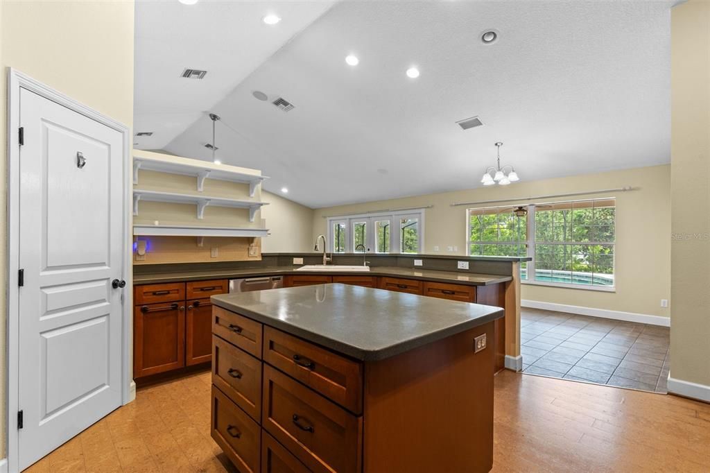Chandelier, Interior, Kitchen, Recessed Lighting, Wood Texture Flooring