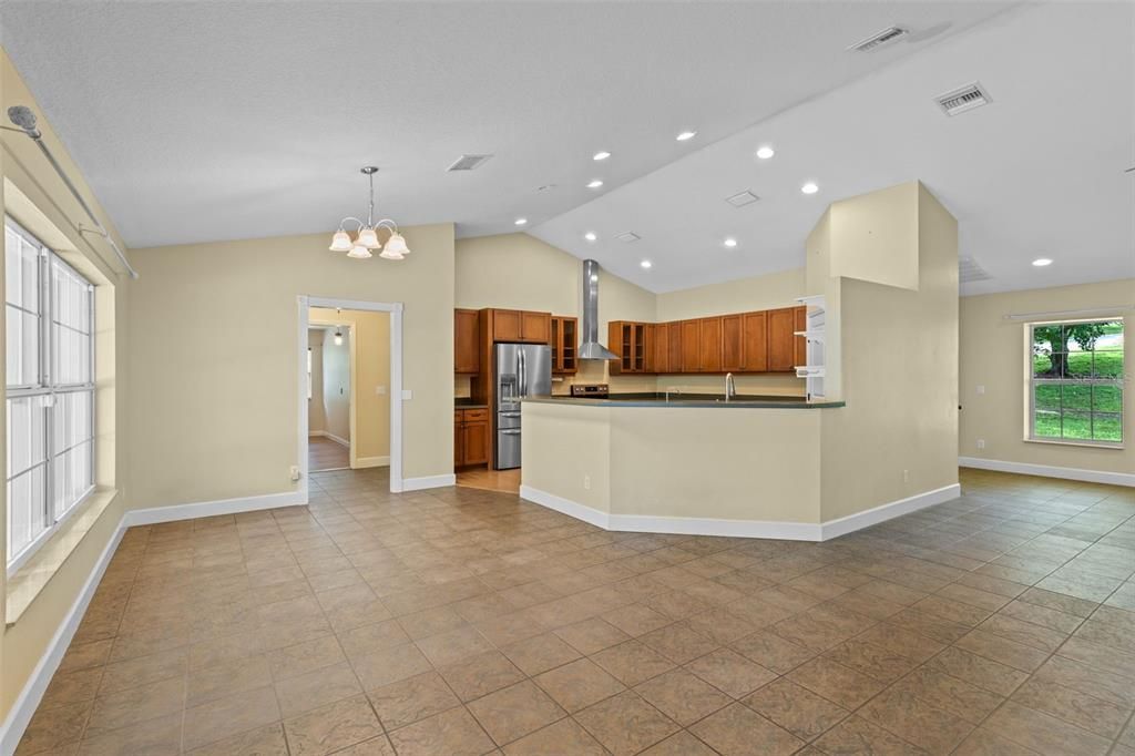 Chandelier, Empty room, Interior, Kitchen, Recessed Lighting, Stainless Steel Appliances