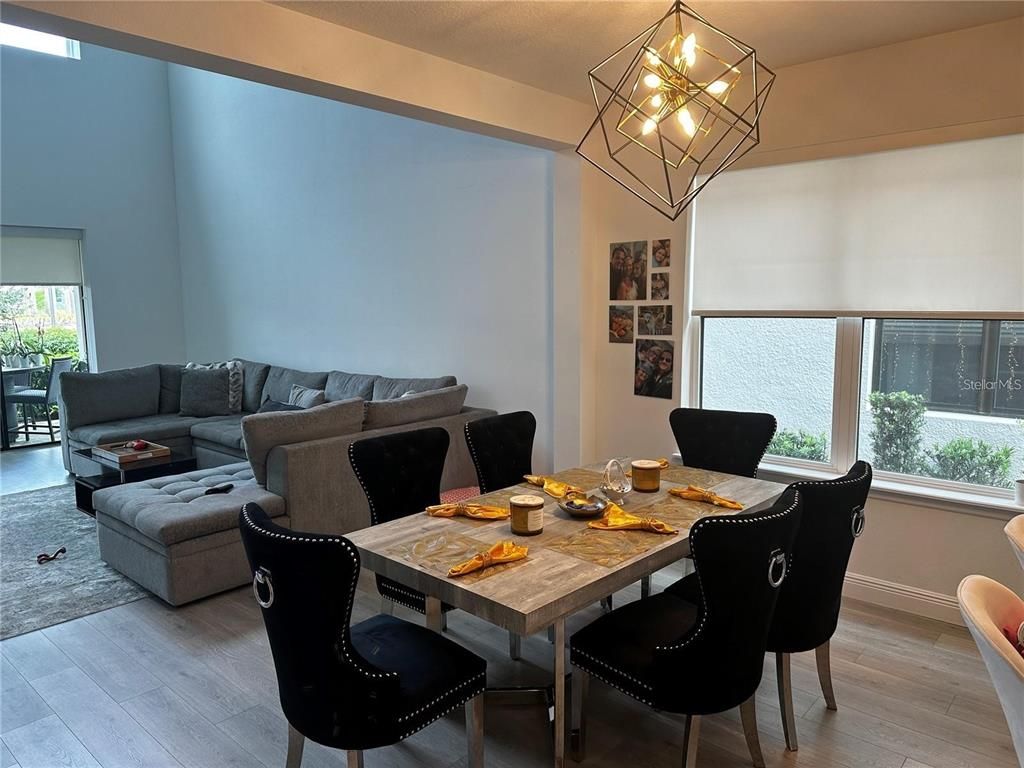 Dining room, Interior, Living room, Pendant Lights, Wood Texture Flooring