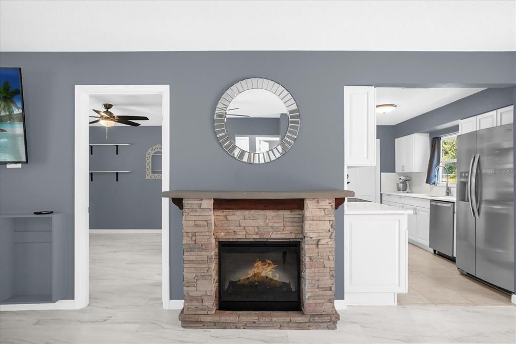 Fireplace, Interior, Kitchen, Marble, Stainless Steel Appliances