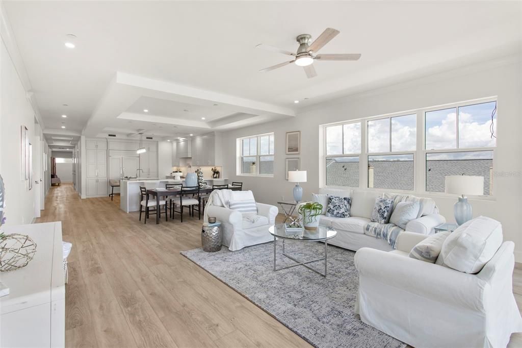 Dining room, Interior, Kitchen, Living room, Pendant Lights, Recessed Lighting, Wood Texture Flooring