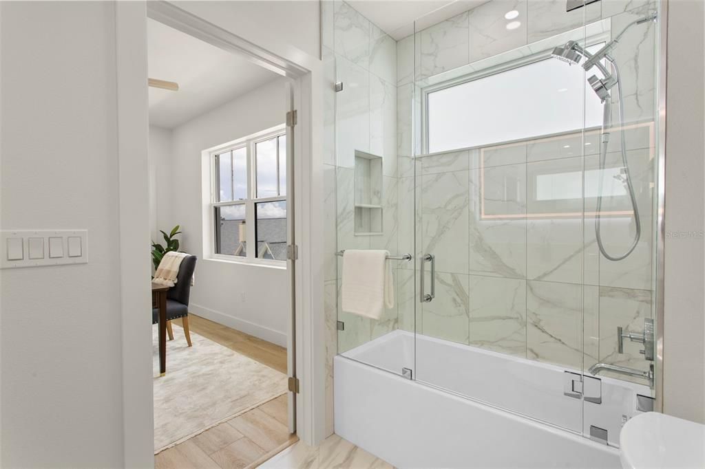 Bathroom, Glass Shower, Interior, Marble, Marble Walls, Wood Texture Flooring