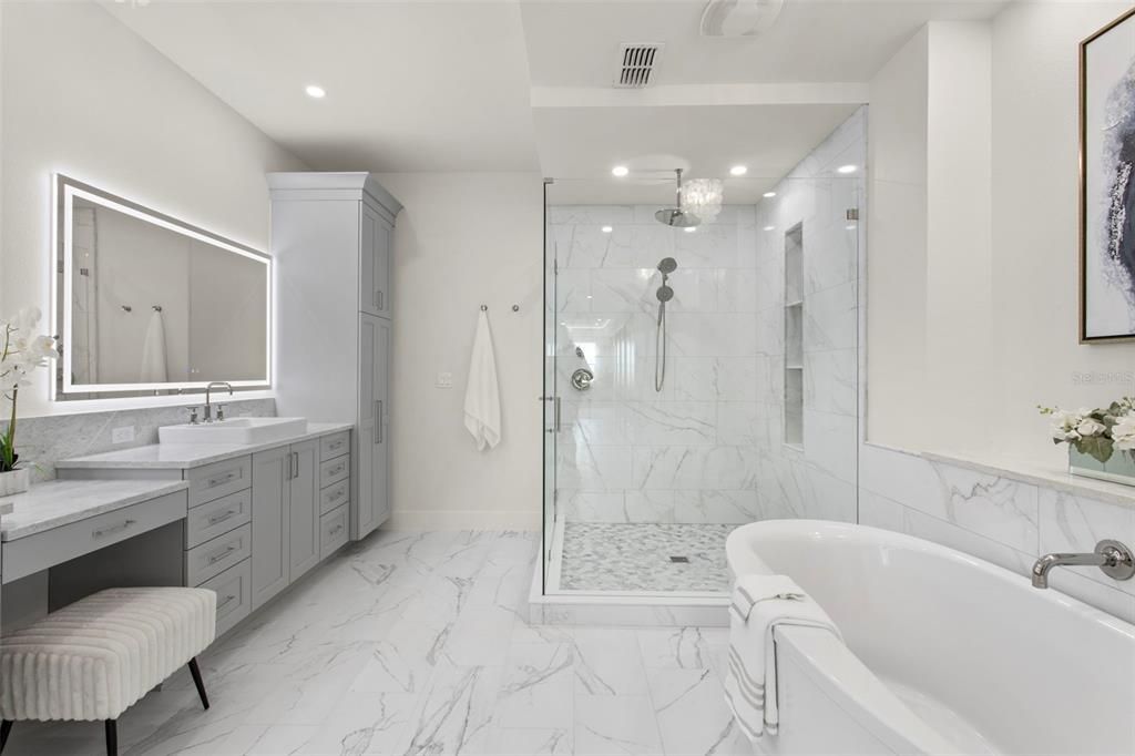 Bathroom, Glass Shower, Interior, Marble, Marble Walls, Recessed Lighting