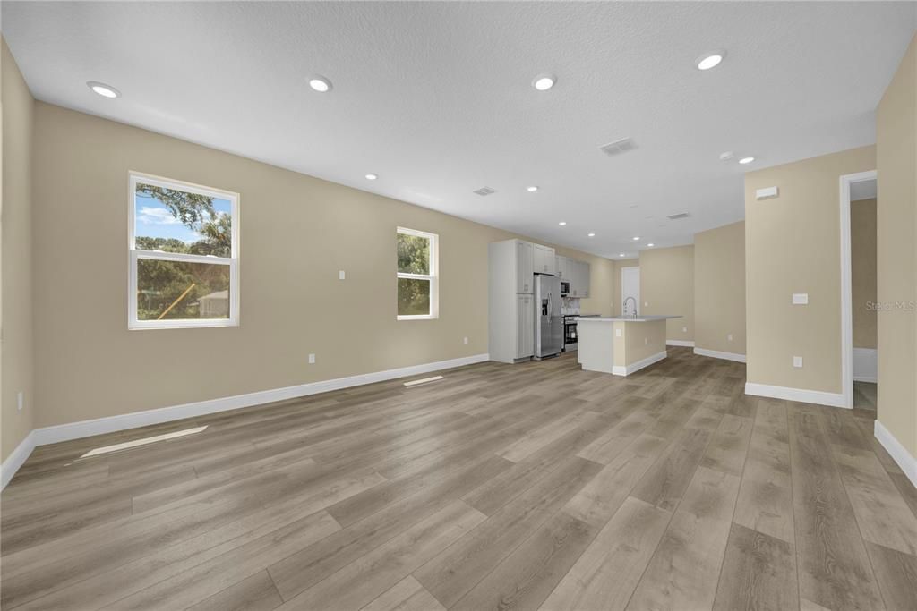 Empty room, Interior, Kitchen, Recessed Lighting, Wood Texture Flooring