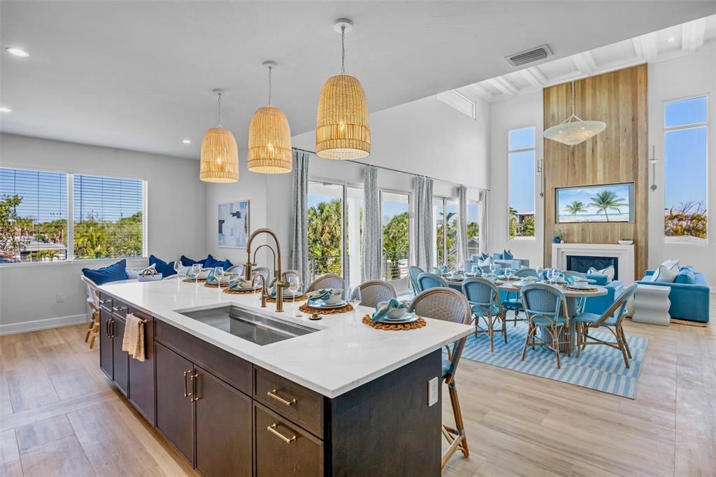 Dining room, Fireplace, Interior, Kitchen, Pendant Lights, Recessed Lighting, Wood Texture Flooring