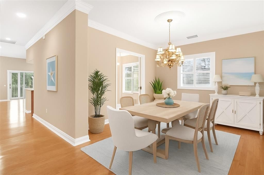 Chandelier, Dining room, Interior, Recessed Lighting, Wood Texture Flooring