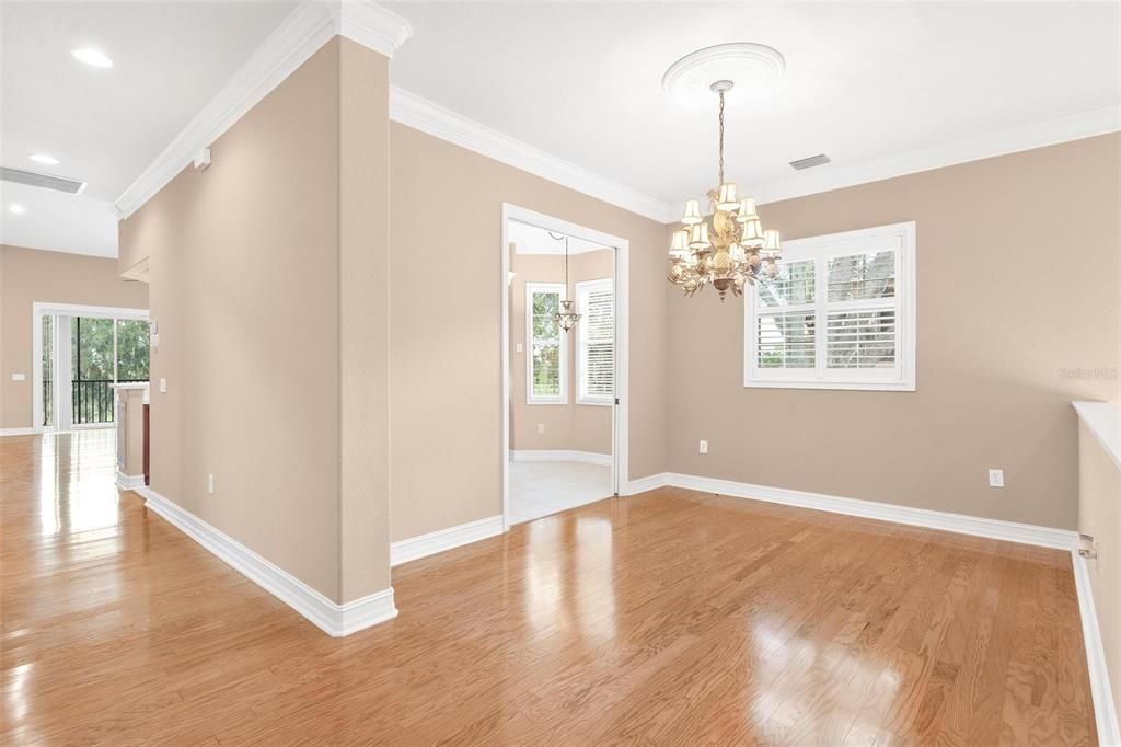 Chandelier, Empty room, Interior, Recessed Lighting, Wood Texture Flooring