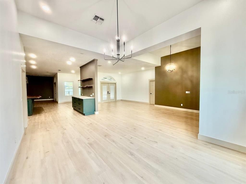 Empty room, Interior, Pendant Lights, Recessed Lighting, Wood Texture Flooring