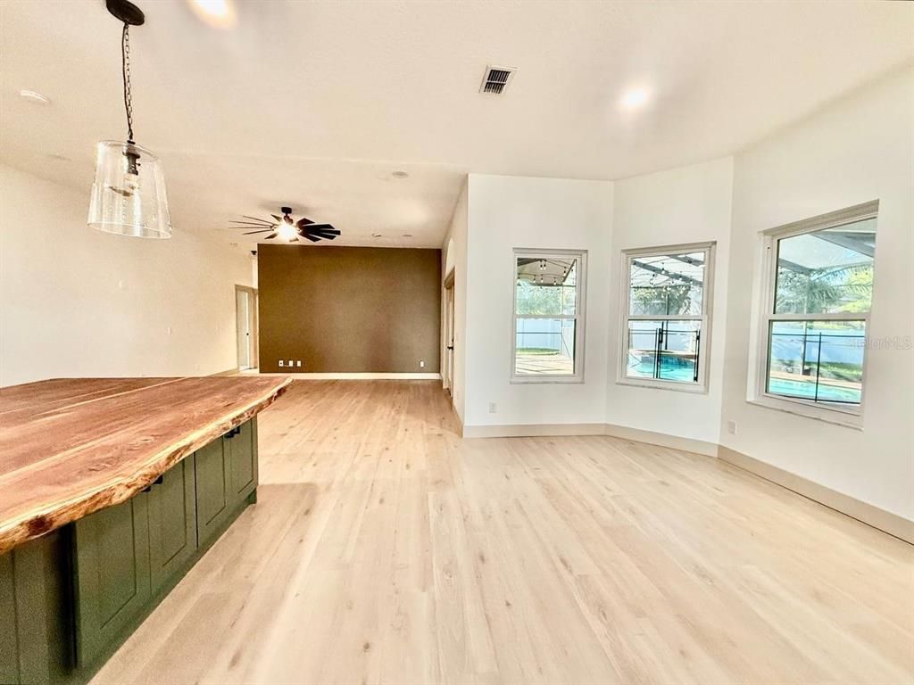 Empty room, Interior, Pendant Lights, Recessed Lighting, Wood Texture Flooring