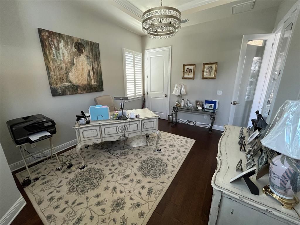 Chandelier, Home Office, Interior, Wood Texture Flooring