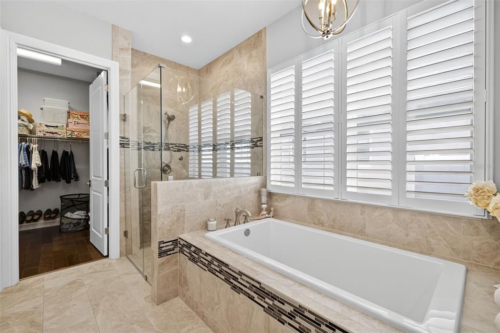 Bathroom, Glass Shower, Interior, Recessed Lighting, Walk-in Closets, Wood Texture Flooring