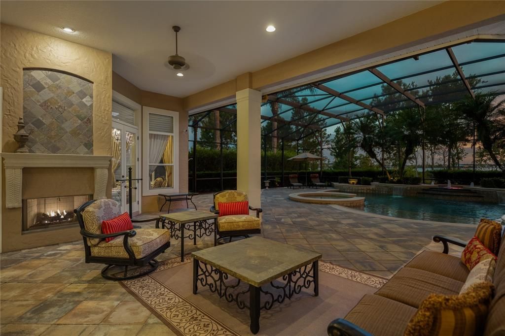 Fireplace, Glass Ceilings, Interior, Living room, Pool, Recessed Lighting, Sun Room