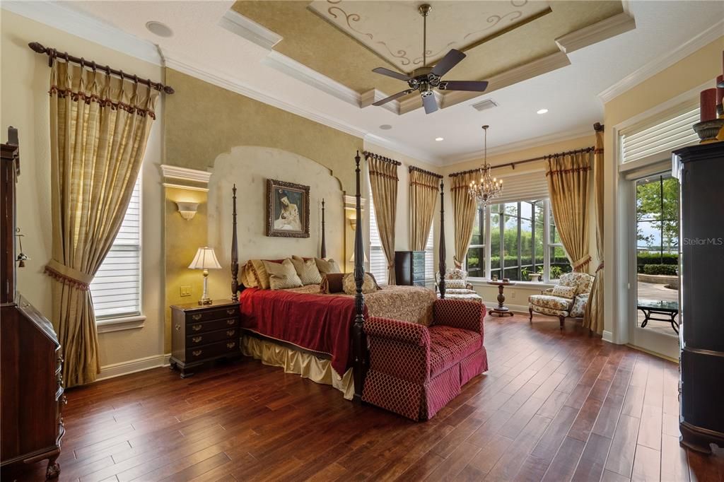 Bedroom, Chandelier, Interior, Recessed Lighting, Wood Texture Flooring