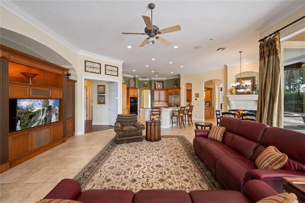 Dining room, Fireplace, Interior, Kitchen, Living room, Pendant Lights, Recessed Lighting, Stainless Steel Appliances