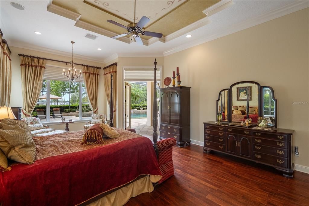 Bedroom, Chandelier, Interior, Recessed Lighting, Wood Texture Flooring