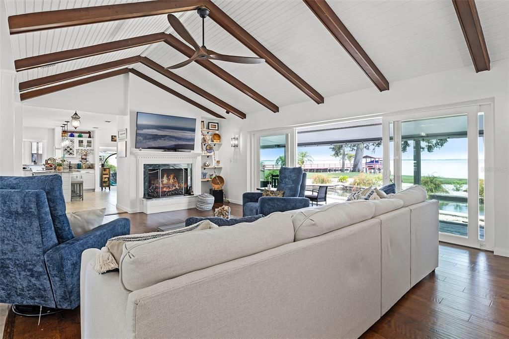 Fireplace, Interior, Living room, Pendant Lights, Wooden Beams, Wood Texture Flooring